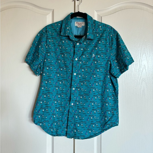 Original Penguin sailboat print classic fit short sleeve cotton button up Large - Picture 1 of 8